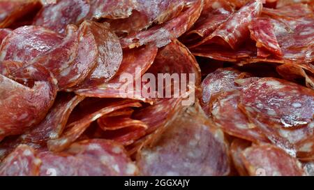 Close up of traditional brazilian calabresa sausage sliced and with pepper Stock Photo