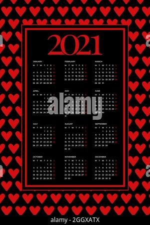 Red 2021 Calendar with Hearts Stock Vector