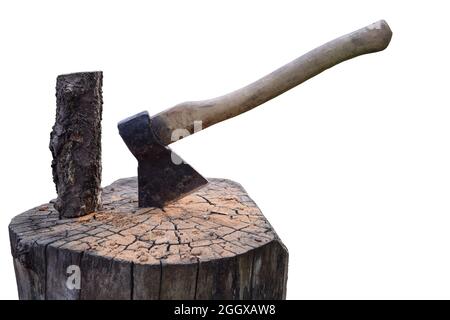 The ax is driven into a wooden deck on a white clipping background, and there is also a log on the deck Stock Photo