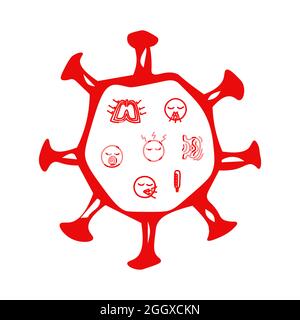 Hand drawn vector with icons about coronavirus symptoms and lettering.  Stock Vector