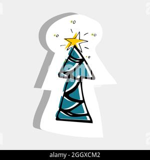 Hand drawn illustrations with colorful Christmas tree and star for sticker, print, poster, card design.  Stock Vector