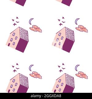 White background pattern with pink and purple houses, blue moon, clouds and birds. Stock Vector