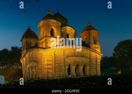 Shyam Rai Temple of Bishnupur , West Bengal, India in blue hour - one in Archaeological Survey of India's list. Terracotta sculptures on walls. Stock Photo