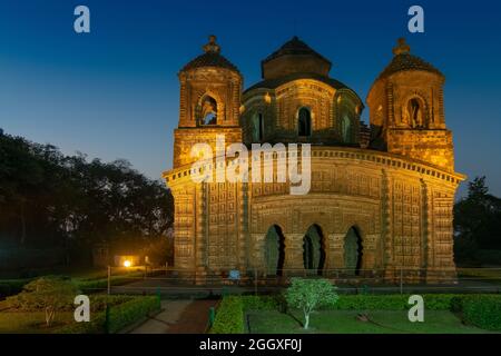 Shyam Rai Temple of Bishnupur , West Bengal, India in blue hour - one in Archaeological Survey of India's list. Terracotta sculptures on walls. Stock Photo