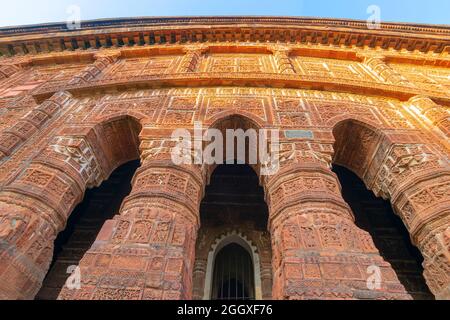 Famous terracotta (fired clay of a brownish-red colour, used as ornamental building material) arches at Radhashyam Temple, Bishnupur, West Bengal, Ind Stock Photo