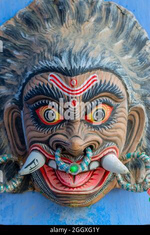 Colorful Chhau (or chhou) mask of a demon, called Asur in Hindu ...