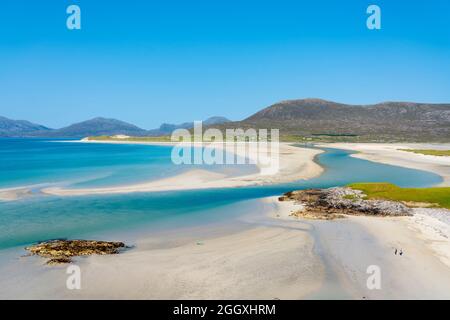 View of Luskentyre Beach and Sound of Taransay, from Seilebost on the Isle of Harris, Outer Hebrides, Scotland, UK Stock Photo