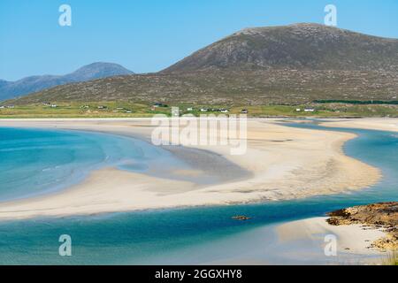 View of Luskentyre Beach and Sound of Taransay, from Seilebost on the Isle of Harris, Outer Hebrides, Scotland, UK Stock Photo