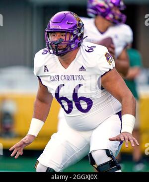 Charlotte, North Carolina, USA. 3rd Sep, 2021. East Carolina Pirates offensive lineman Fernando Frye (66) warms up prior to the 2021 Duke's Mayo Classic between Appalachian State and East Carolina at Bank of America Stadium in Charlotte, North Carolina. Rusty Jones/Cal Sport Media/Alamy Live News Stock Photo