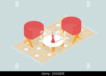 Isometric living room corner with chairs, table, flowers in vaase and carpet. Isolated vector illustration Stock Vector
