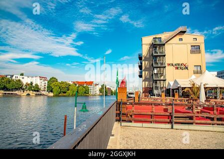 View of the Spree River, which runs through the centre of the city near to Oberbaum Bridge. Taken in Berlin, Germany on July 21, 2016 Stock Photo