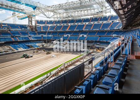 Madrid, Spain - September 03, 2021: Interior of Santiago Bernabeu, Real Madrid football stadium, during renovation works. Stock Photo