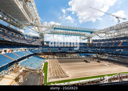 Madrid, Spain - September 03, 2021: Interior of Santiago Bernabeu, Real Madrid football stadium, during renovation works. Stock Photo
