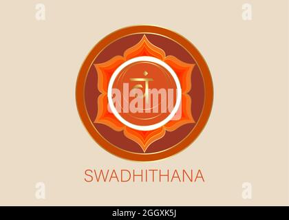 Second Swadhisthana chakra with the Hindu Sanskrit seed mantra Vam. Orange is a flat design style symbol for meditation, yoga. Round Logo template Stock Vector