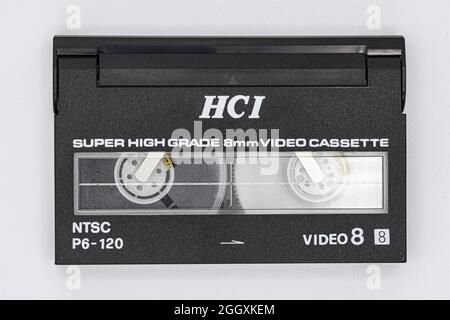 BARCELONA, SPAIN - Oct 09, 2020: A closeup shot of an 8mm magnetic tape for an old video camera isolated on a white background Stock Photo