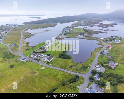 Aerial view from drone of village of Leverburgh on Isle of Harris, Scotland ,UK Stock Photo