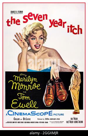 1955 Vintage Movie Film Poster 'The Seven Year Itch' starring Marilyn Monroe and Tom Ewell Retro 1950’s Vintage motion picture film cinema poster for Marilyn Monroe in 'The Seven Year Itch'  The Seven Year Itch is a 1955 American romantic comedy film based on a three- act play with the same name by George Axelrod. The film was co-written and directed by Billy Wilder, and stars Marilyn Monroe and Tom Ewell Stock Photo