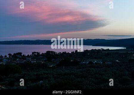 Bracciano, Italy. 03rd Sep, 2021.  A colourful  pink cloud formations develop over lake Bracciano during sunset. Credit: amer ghazzal/Alamy Live News Credit: amer ghazzal/Alamy Live News Stock Photo