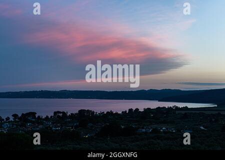 Bracciano, Italy. 03rd Sep, 2021.  A colourful  pink cloud formations develop over lake Bracciano during sunset. Credit: amer ghazzal/Alamy Live News Credit: amer ghazzal/Alamy Live News Stock Photo