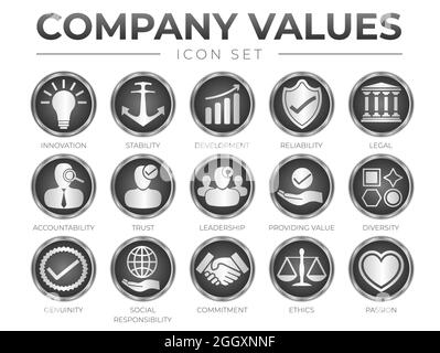 Business 3D Icon Set of Company Core Values. Innovation, Stability, Development, Reliability, Legal, Accountability, Trust, Leadership, Providing Valu Stock Vector