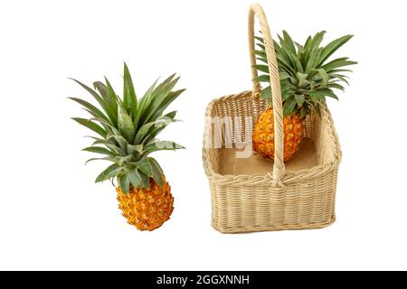 isolated pineapple fruit in white background with clipping path, two yellow pineapples in a fruit basket Stock Photo
