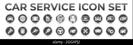 3D Black Car Service Round Web Icons Set with Battery, Oil, Gear Shifter, Filter, Polishing, Key, Steering Wheel, Diagnostic, Wash, Mirror, Headlamp I Stock Vector
