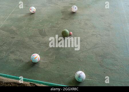 Bracciano, Italy. 03rd Sep, 2021. A close up of bocce balls. Italian men  enjoy playing Bocce on a hot summer day under a shaded area. Bocce is a ball sport which is similar to  British bowls and French pétanque and is played around Europe and by Italian immigrants in Australia and North America.  Credit: amer ghazzal/Alamy Live News Credit: amer ghazzal/Alamy Live News Stock Photo