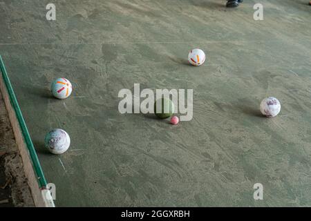 Bracciano, Italy. 03rd Sep, 2021. A close up of bocce balls. Italian men  enjoy playing Bocce on a hot summer day under a shaded area. Bocce is a ball sport which is similar to  British bowls and French pétanque and is played around Europe and by Italian immigrants in Australia and North America.  Credit: amer ghazzal/Alamy Live News Credit: amer ghazzal/Alamy Live News Stock Photo