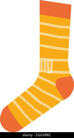 Cute orange sock with stripes isolated on white in cartoon style Autumn warm cloth concept Stock Vector