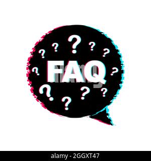 Frequently asked questions FAQ banner. Glitch icon. Computer with question icons. Vector illustration. Stock Vector