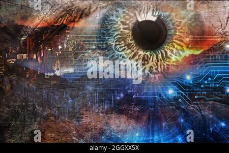 The composition of eyes and abstract design elements as a conceptual metaphor on the topic of modern technologies, mechanical progress, artificial intelligence, virtual reality and visualization Stock Photo