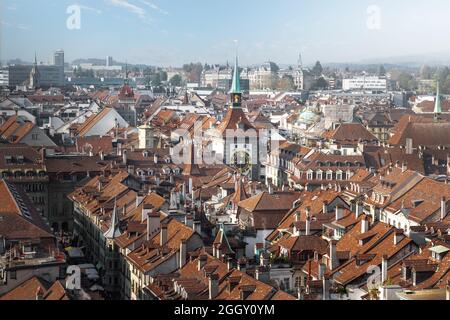 Aerial view of Bern Old Town with Zytglogge and Kafigturm - Bern, Switzerland Stock Photo