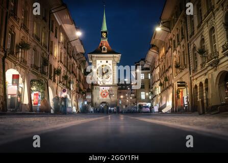 Kramgasse street at night with Zytglogge - Bern, Switzerland Stock Photo