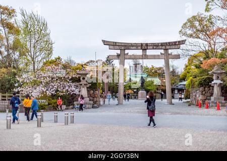Osaka, Japan - April 13, 2019: People walking on castle grounds and Hokoku Shinto Shrine and Torii Gate in evening by cherry blossom trees Stock Photo