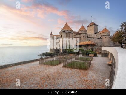 Chillon Castle at sunset - Canton of Vaud, Switzerland Stock Photo