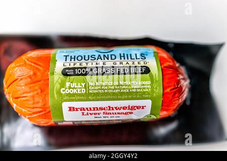 Herndon, USA - January 4, 2021: Thousand Hills Lifetime Grazed brand packaged bought Liver sausage fully cooked Braunschweiger Stock Photo