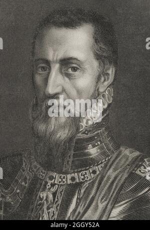 Fernando Alvarez de Toledo y Pimentel (1507-1582). Spanish military. 3rd Duke of Alba. Governor of Milan, Viceroy of Naples, Governor of the Netherlands and 1st Viceroy of Portugal and the Algarves. Portrait. Engraving by Calamatta. Correspondance de Philippe II sur les affaires des Pays-Bas. Published in Brussels, 1851. Historical Military Library of Barcelona, Catalonia, Spain. Author: Luigi Calamatta (1801-1869). Italian artist. Stock Photo
