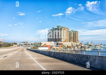 Destin, USA - January 13, 2021: Cityscape of Destin city town village with view of colorful famous Harbor Boardwalk in Florida panhandle gulf of mexic Stock Photo