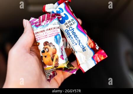 Miami, USA - January 19, 2021: Storebought Russian delicious cheesecake bars coated in chocolate with chocolate and vanilla packaged in hand from Russ Stock Photo