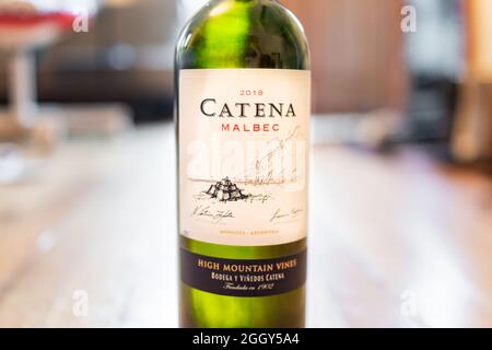 Miami Beach, USA - January 22, 2021: One bottle of 2018 vintage Catena Malbec red Argentinian wine from high mountain vines of Bodega Catena Zapata at Stock Photo