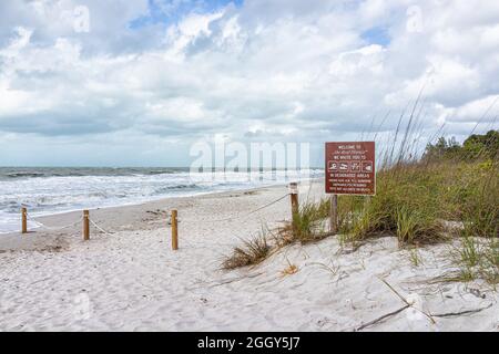 Naples, USA - February 1, 2021: Vanderbilt beach in Florida city by sand dunes and sea oats with dramatic ocean gulf of Mexico landscape, rope fence a Stock Photo