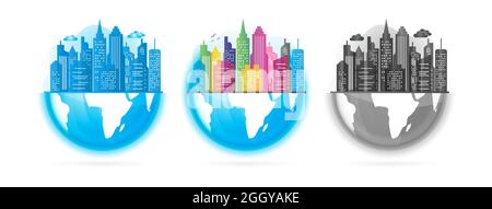 Cityscape Illustration with Earth Globe Set in Blue, Colorful and Black Color Stock Vector