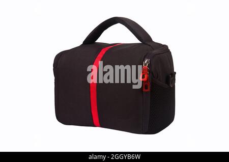 Black bag with red stripe designed for digital camera, isolated on white background Stock Photo