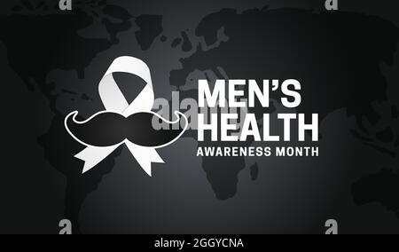 Men's Health Awareness Month Black Background Illustration with Ribbon and Moustache Stock Vector