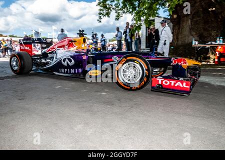 Red Bull RB7 Formula 1, Grand Prix racing car at the Goodwood Festival of Speed motor racing event 2014, leaving the assembly area for the track Stock Photo