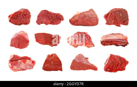 Clean very fresh pieces of red raw meat beef, isolated on white background Stock Photo