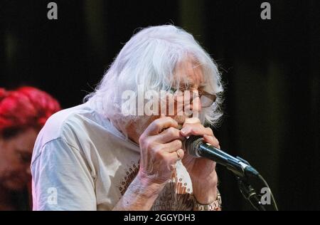 September 1, 2021, Sellersville, Pennsylvania, USA: At 87, JOHN  MAYALL is still on tour, performing here at the Sellersville Theatre, Sellersville, PA.  In a music career that spans over 60 years, Mayall is the founder of John Mayall & the Bluesbreakers.  His occasional forgetfulness only endeared him to most of the crowd, who was similar in age.  His legendary status in the blues world was evident, however, in the number of young people in the crowd. (Credit Image: © Jim Z. Rider/ZUMA Press Wire) Stock Photo