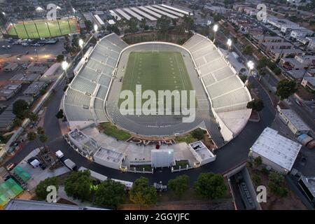 An aerial view of Weingart Stadium (formerly ELAC Stadium) on the campus of East Los Angeles College, Thursday, Sept. 2, 2021, in Monterey Park, Calif Stock Photo