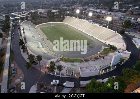 An aerial view of Weingart Stadium (formerly ELAC Stadium) on the campus of East Los Angeles College, Thursday, Sept. 2, 2021, in Monterey Park, Calif Stock Photo