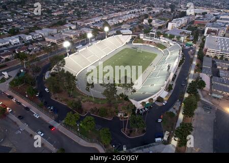 An aerial view of Weingart Stadium (formerly ELAC Stadium) on the campus of East Los Angeles College, Thursday, Sept. 2, 2021, in Monterey Park, Calif Stock Photo